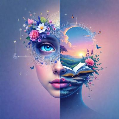 The primary subject of the image is a woman with a flower in her hair. She is depicted in two different styles: one as a digital artwork and the other as a traditional illustration. The setting is a beautiful garden, and the visual style is a mix of digital art and traditional illustration. The colors and mood of the image are vibrant and lively, with a focus on the woman's beauty and the natural surroundings.